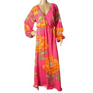 Womens Maxi Dress‎ XXL Bright Pink Floral Tropical Print Long-Sleeve Maxi